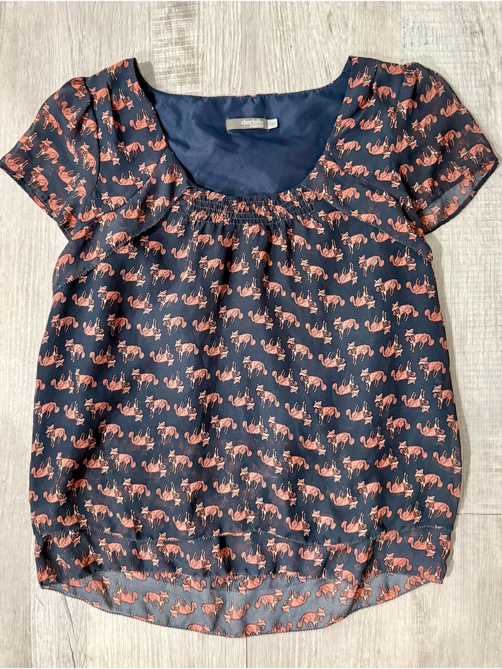 Charlotte Russe Navy Blouse with Coral Fox Print